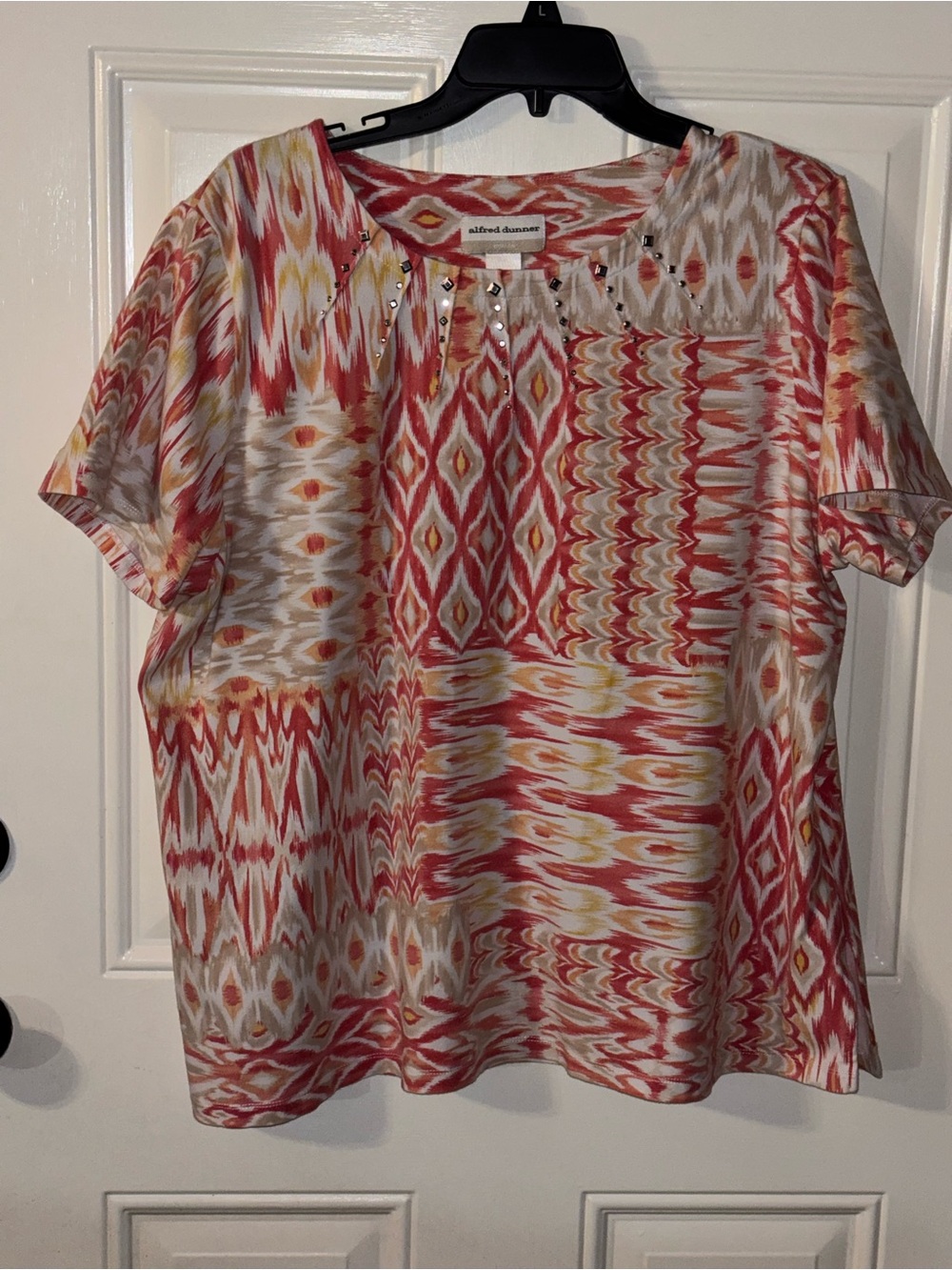 Alfred Dunner Coral and Yellow Ikat Short Sleeve Blouse